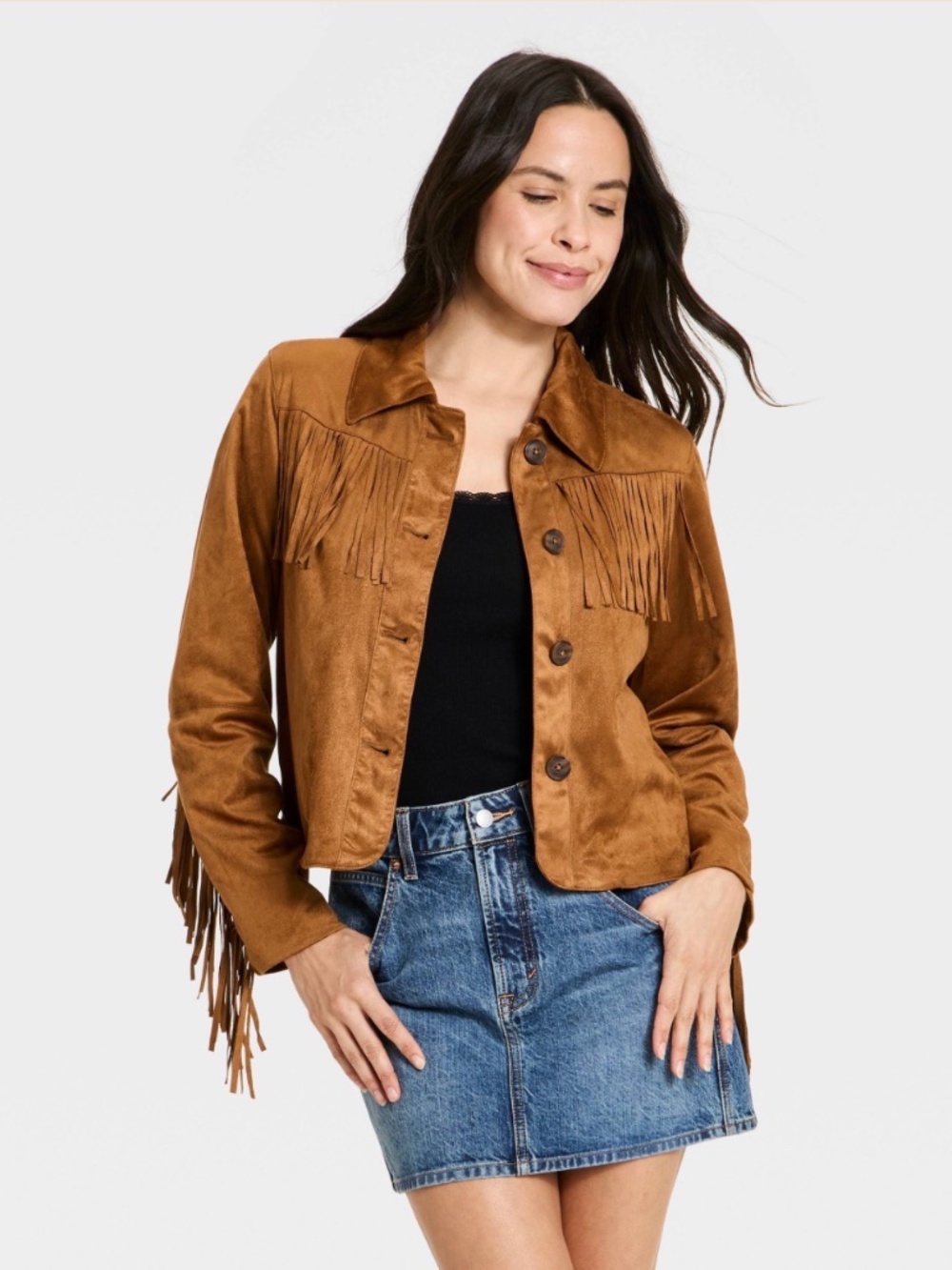 Universal Thread Women's Western Fringe Faux Suede Fashion Jacket Brown